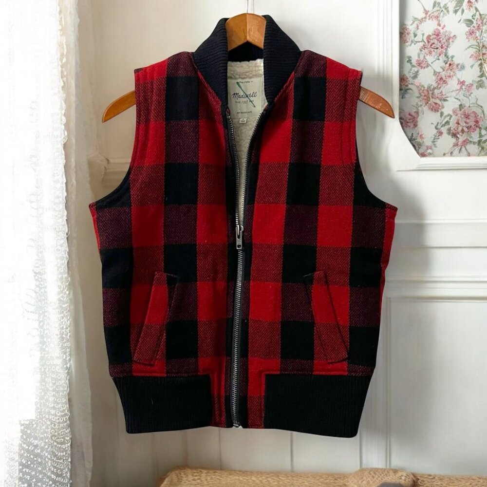 Madewell Rustic Outdoor Buffalo Plaid‎ Wool & Sherpa Lined Vest Size Small